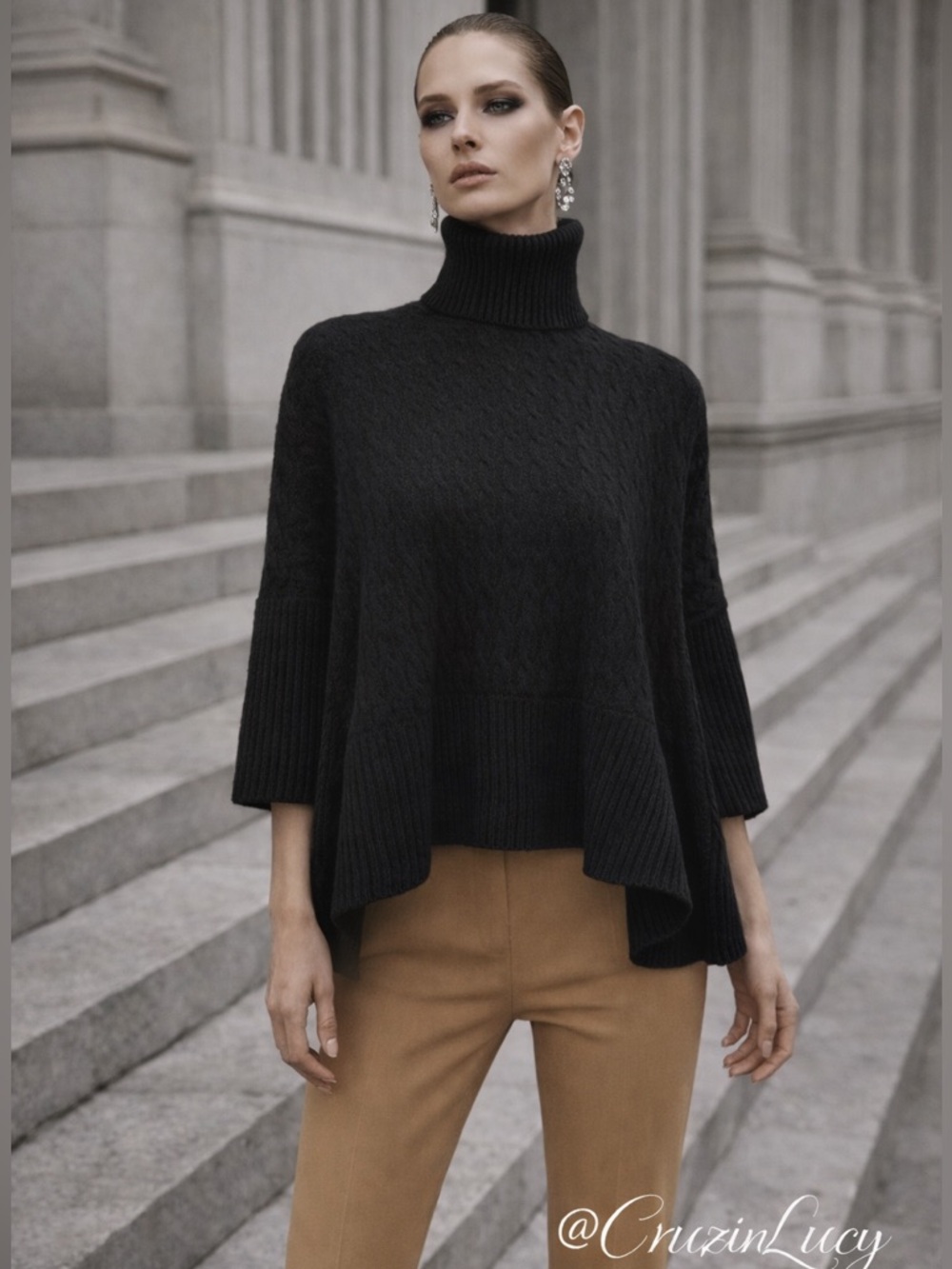 MaxMara Virgin Wool Poncho Sweater S/M Black Turtleneck - Picture 2 of 15